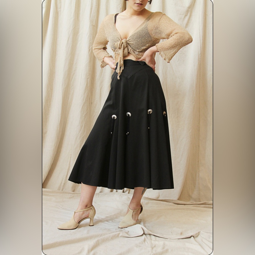 Vintage Black Western Style Full Skirt with Bolo Detail 27in Waist